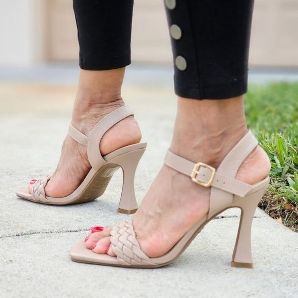 Elegant Nude Square Open Toe Sandals Women’s Braided Ankle Strap - Picture 2 of 5